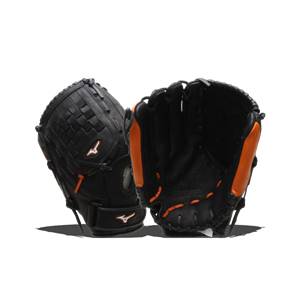Front view of black Mizuno MVP Prime SE Fastpitch Series gloves with orange accents and white Mizuno logos.