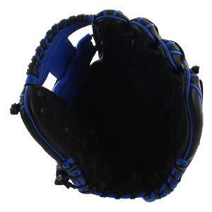 Top-down view of a black baseball glove with blue lacing and a Wilson logo.