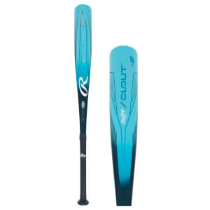 Side view of a teal baseball bat with a Rawlings logo and CLOUT text.