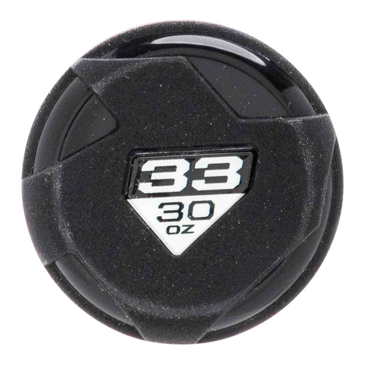 Top-down view of a black baseball bat end cap with 33 30 OZ labeling.