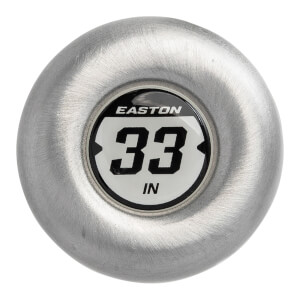 End view of a silver baseball bat with an Easton logo and 33 IN marking.