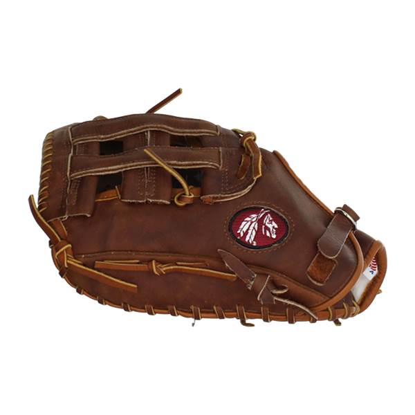 Side view of a brown baseball glove with a red and white horse logo and tan lacing.