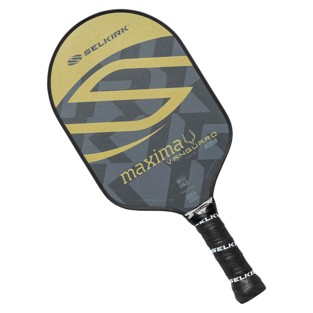Top-down view of a grey and gold pickleball paddle with a large S graphic, maxima VANGUARD text, and a black grip.