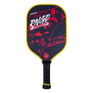 Front view of a dark blue pickleball paddle with yellow trim, RNGD POWER text, and red graphic details.