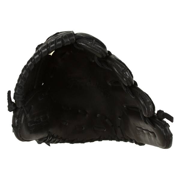 Top-down view of a black baseball glove with stitched finger stalls and a deep pocket.