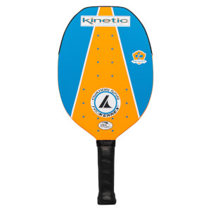 Front view of a blue and orange pickleball paddle with Kinetic logo and Ovation Spin ProKennex text.