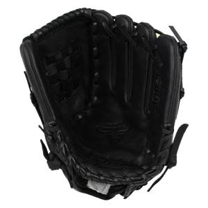 Top-down view of a black baseball glove with a woven palm and lacing detail.