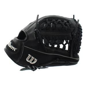Side view of a black baseball glove with white Wilson branding and a W logo.