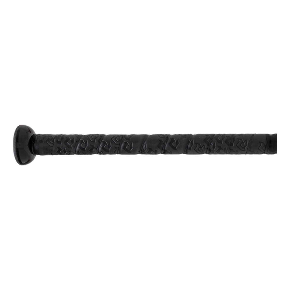 Close-up side view of a black bat grip with an embossed repeating pattern and a rounded end cap.
