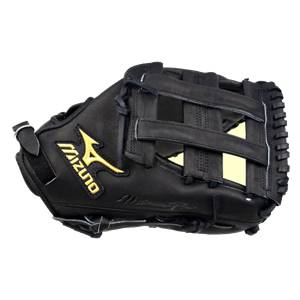 Side view of a black Mizuno Pro Series first base mitt with a yellow logo and web lacing.
