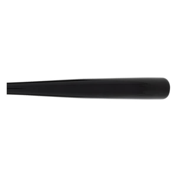 Side view of a black baseball bat with a glossy finish and a rounded barrel end.