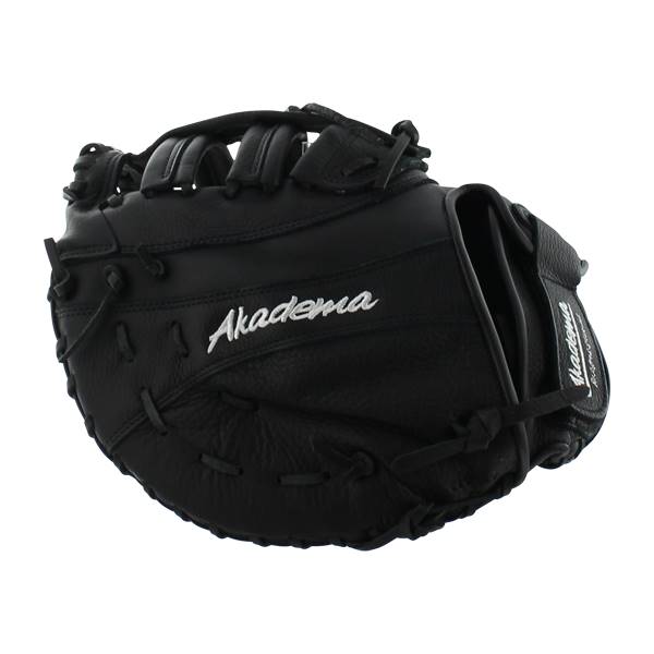 Side view of a black Akadema first base mitt with white embroidered logo and lacing.