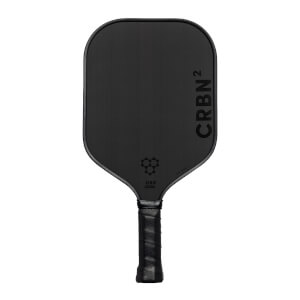 Front view of a black pickleball paddle with CRBN² branding and a textured grip.