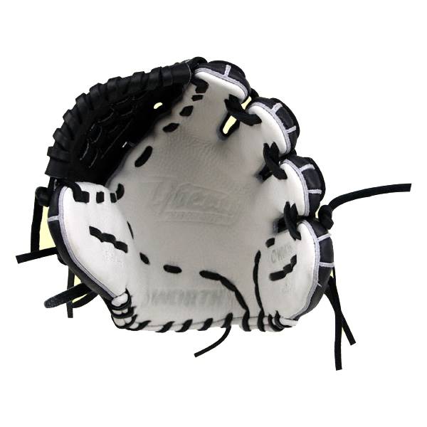 Top-down view of a white and black baseball glove with black stitching and Worth logo.