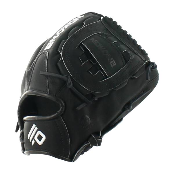 Side view of a black baseball glove with white stitching and NOKONA branding.
