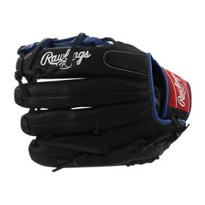 Side view of a black baseball glove with blue accents and Rawlings branding.