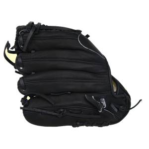 Side view of a black baseball glove with white stitching and a yellow interior lining.