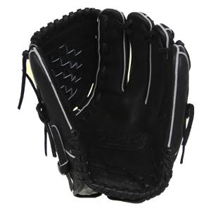 Interior view of a black baseball glove with white stitching and a textured palm.