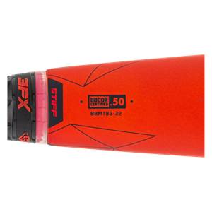 Close-up of a red baseball bat with STIFF and BBCOR CERTIFIED .50 text.