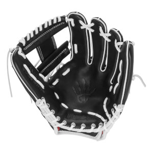 Front palm view of the black leather baseball glove with white laces and welting, featuring an H-web and embossed "GC" and "Nightshift" text.
