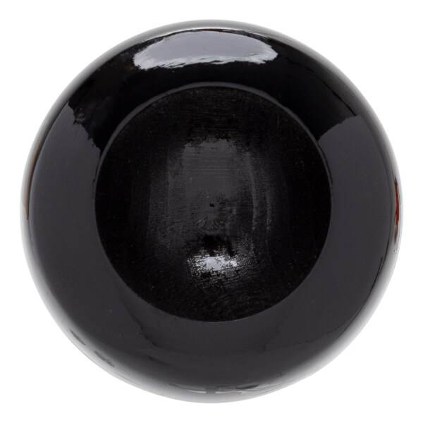 End view of a black baseball bat with a glossy finish and a deep, cupped barrel showing wood grain inside.