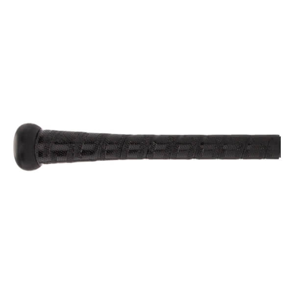 Side view of a black baseball bat with a textured grip and rounded knob.