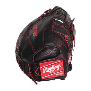 Front view of a black first base mitt with red stitching and Rawlings branding.