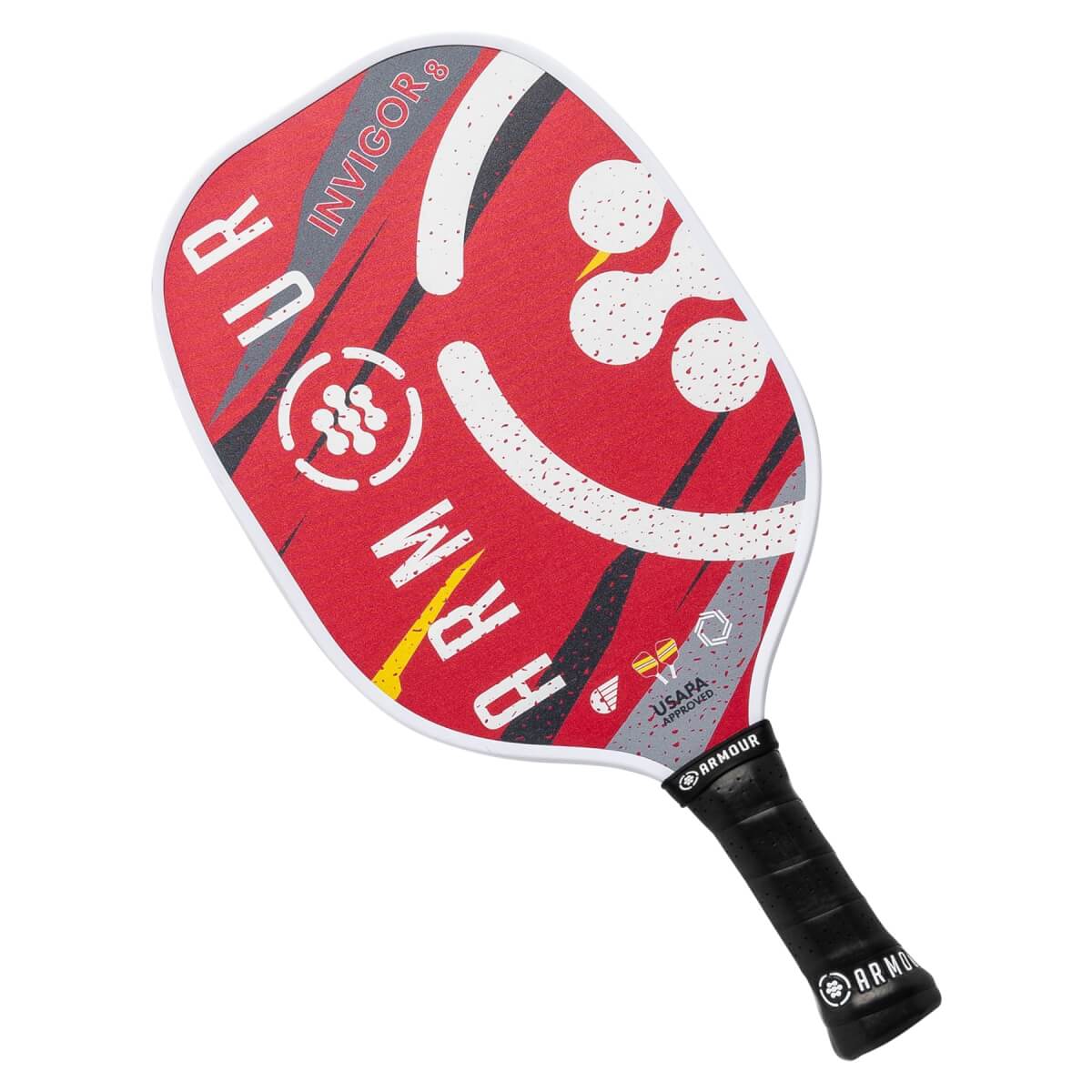 Top-down view of a red pickleball paddle with a smiley face design, ARMOUR INVIGOR 8 text, and USAPA approved logo.
