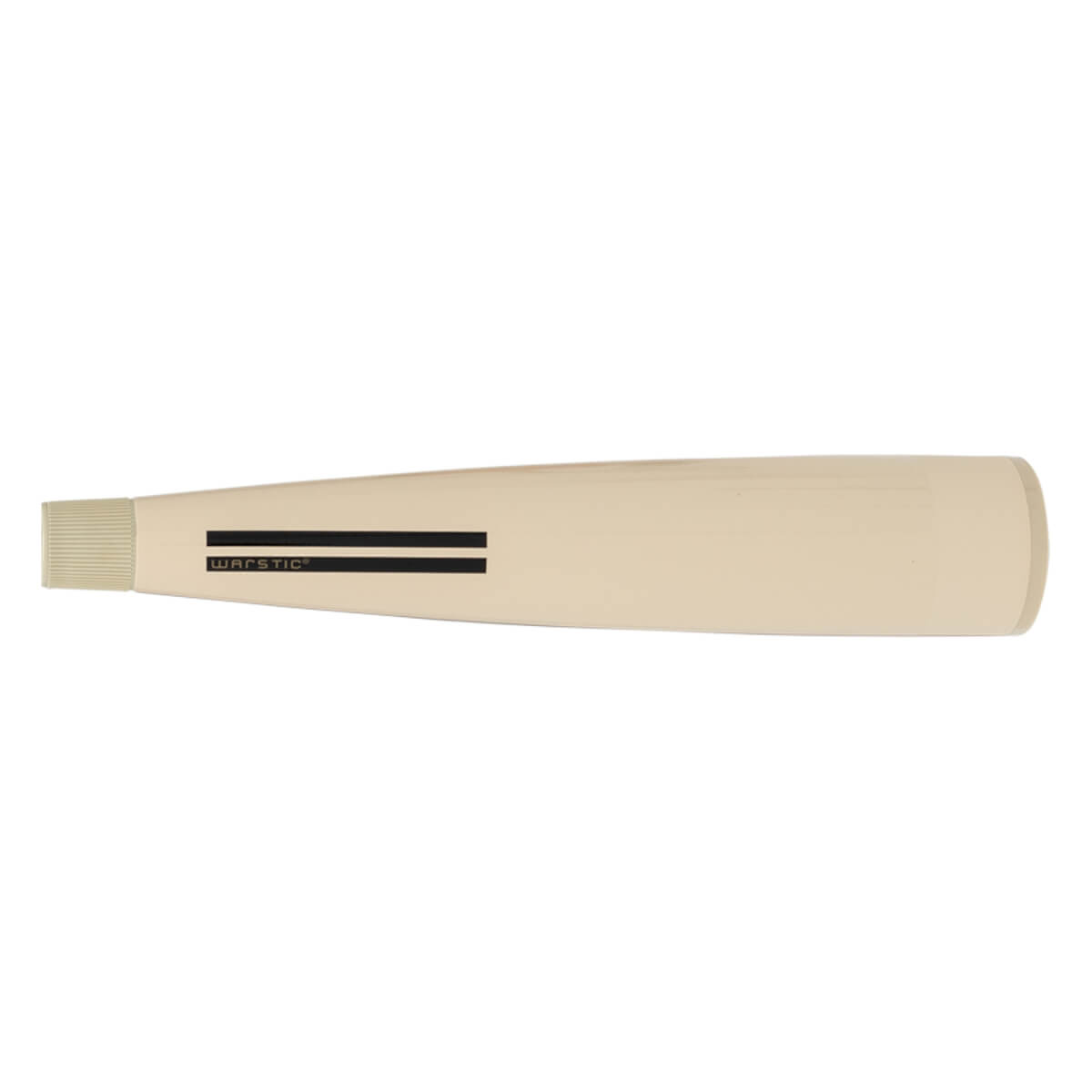 Side view of a cream baseball bat with WARSTIC text between two black stripes and a ribbed knob.