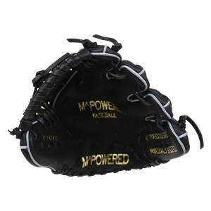 Front view of a black baseball glove with gold M POWERED branding and white piping.