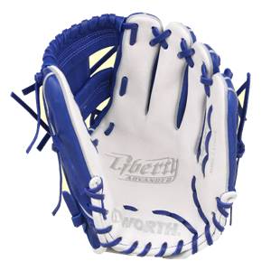 Front view of a royal blue and white baseball glove with Liberty Advanced and Worth logos.