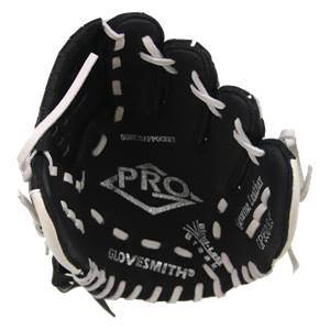 Top-down view of a black baseball glove with white stitching, PRO logo, and GLOVESMITH text.