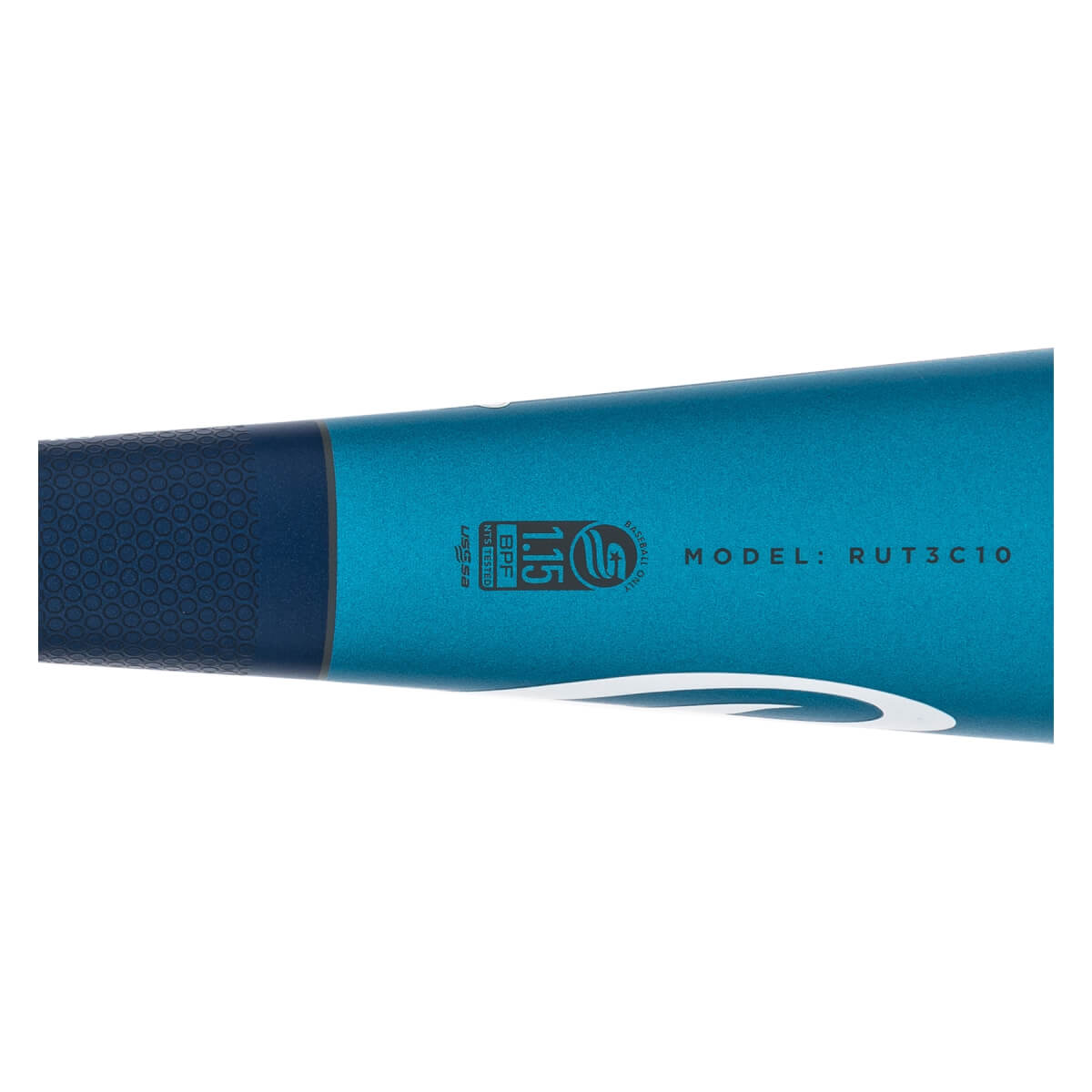 Side view of a teal baseball bat with a dark blue grip, USSSA 1.15 BPF certification, and MODEL: RUT3C10 text.