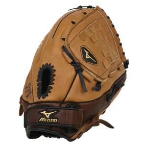 Side view of a tan fastpitch glove with black lacing and a Mizuno logo.