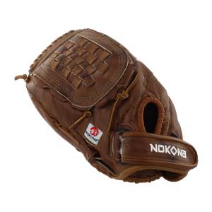 Top-down view of a brown Nokona glove with a woven web and visible Nokona branding.