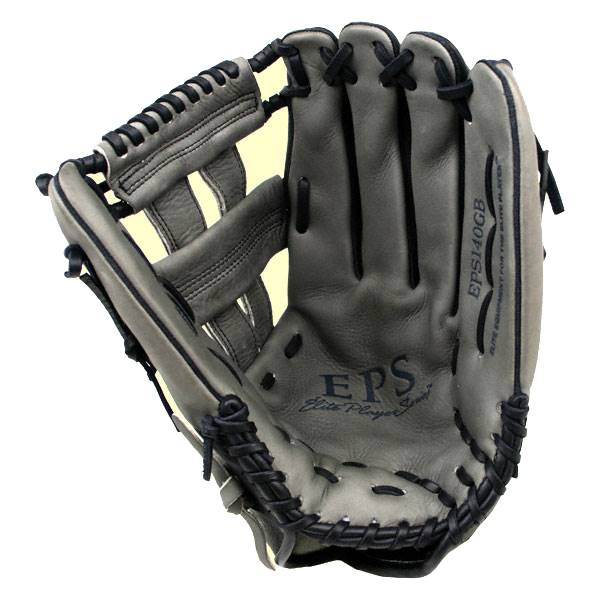 Top-down view of a grey baseball glove with black lacing and EPS Elite Player branding.