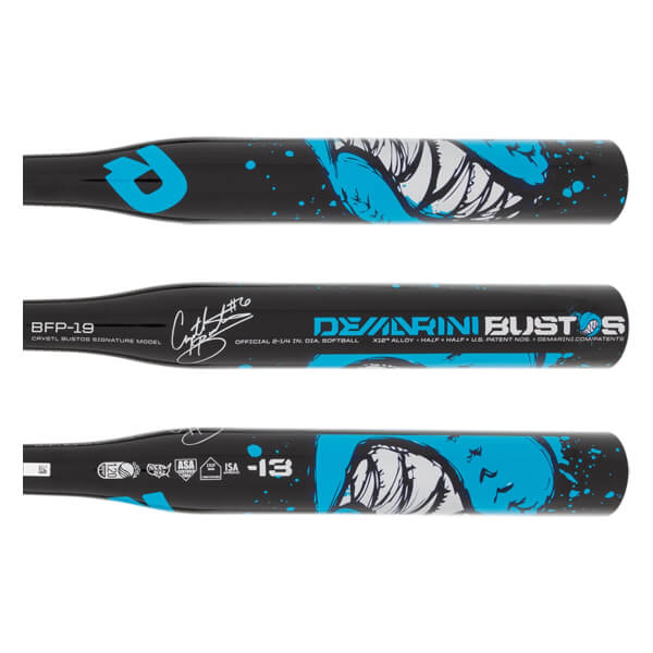 Side view of a black fastpitch softball bat with blue shark graphics, DeMarini Bustos text, and -13 marking.