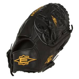 Top-down view of a black baseball glove with gold Easton branding and a webbed palm.
