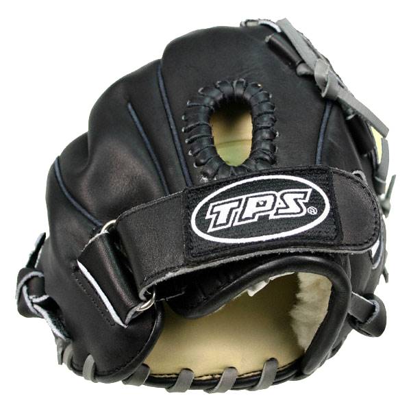 Front view of a black baseball glove with a TPS logo and adjustable strap.