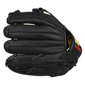 Side view of a black baseball glove with gold lining and BRETT text.