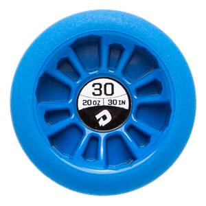 Top-down view of a bright blue textured baseball bat end cap featuring a central circular label with the text "30", "20 OZ", "30 IN", and a white stylized "D" logo.