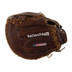 Front view of a brown Nokona first base mitt with NOKONA branding and a MADE IN AMERICA flag.