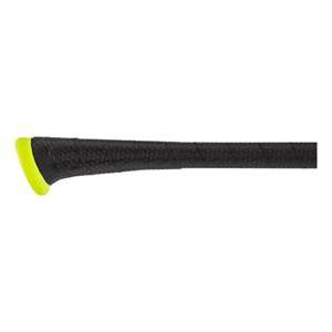 Side view of a black baseball bat with a textured grip and a yellow end cap.