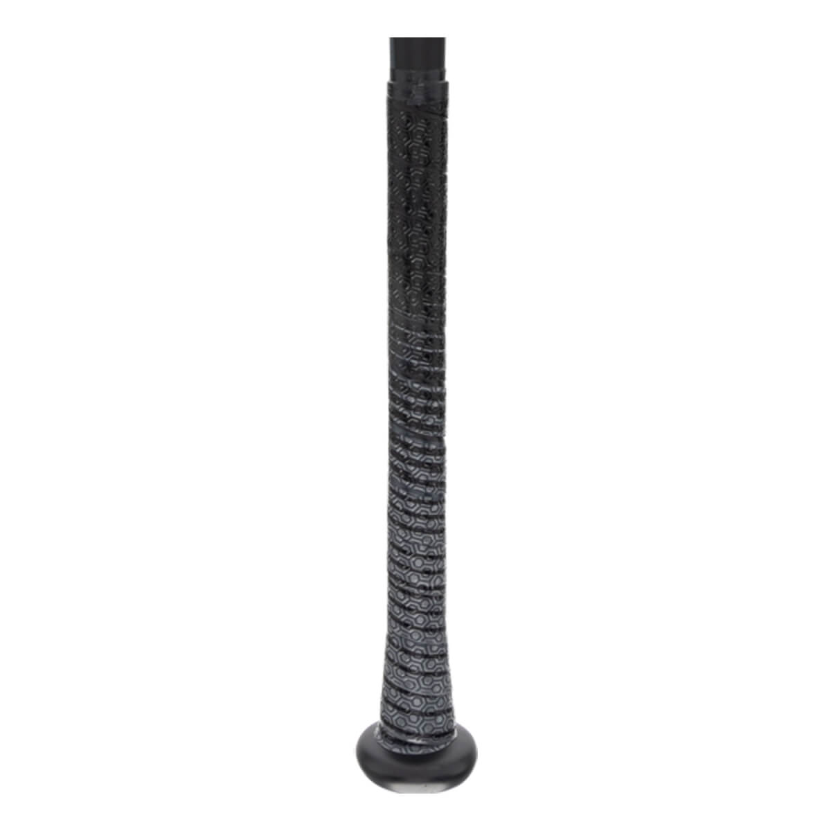 Close-up of a black baseball bat grip with a patterned texture and a black end cap.