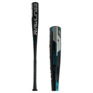 Side view of a black baseball bat with blue accents and RAWLINGS and 5150 text.