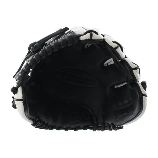 Top-down view of a black and white baseball glove with VINCI and Benjamin text.