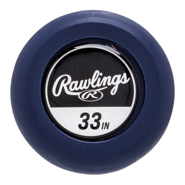 Close-up of a navy blue bat end cap with a white Rawlings logo and 33 IN text.