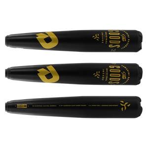Bottom view of a black baseball bat with gold D logo and The Goods branding.