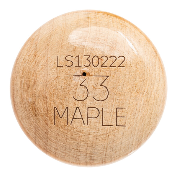 Close-up of a natural wood baseball bat knob with engraved LS130222, 33, MAPLE text and a small central hole.