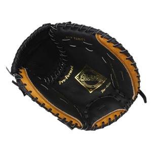 Interior view of a black and tan youth fastpitch catchers mitt with Pro-Formed and All-Star branding.